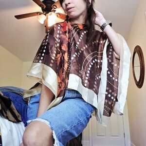 DIY-esque Retro Hankercheif Poncho Floral Polka Dot Orange Brown Beige